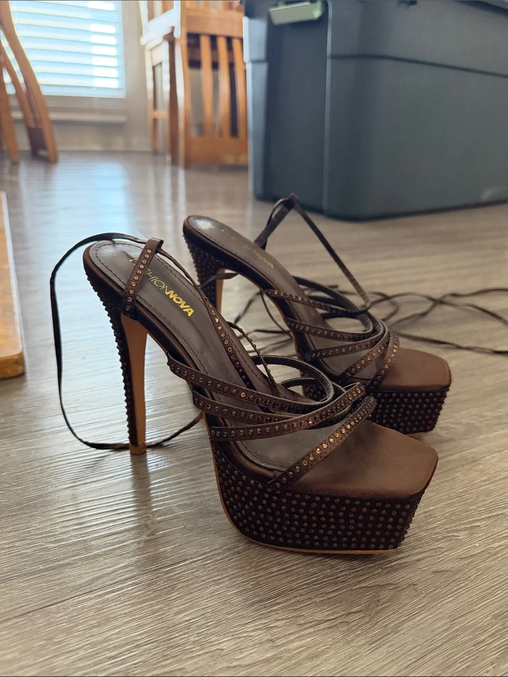 Brown Studded Lace-Up Platform Sandals